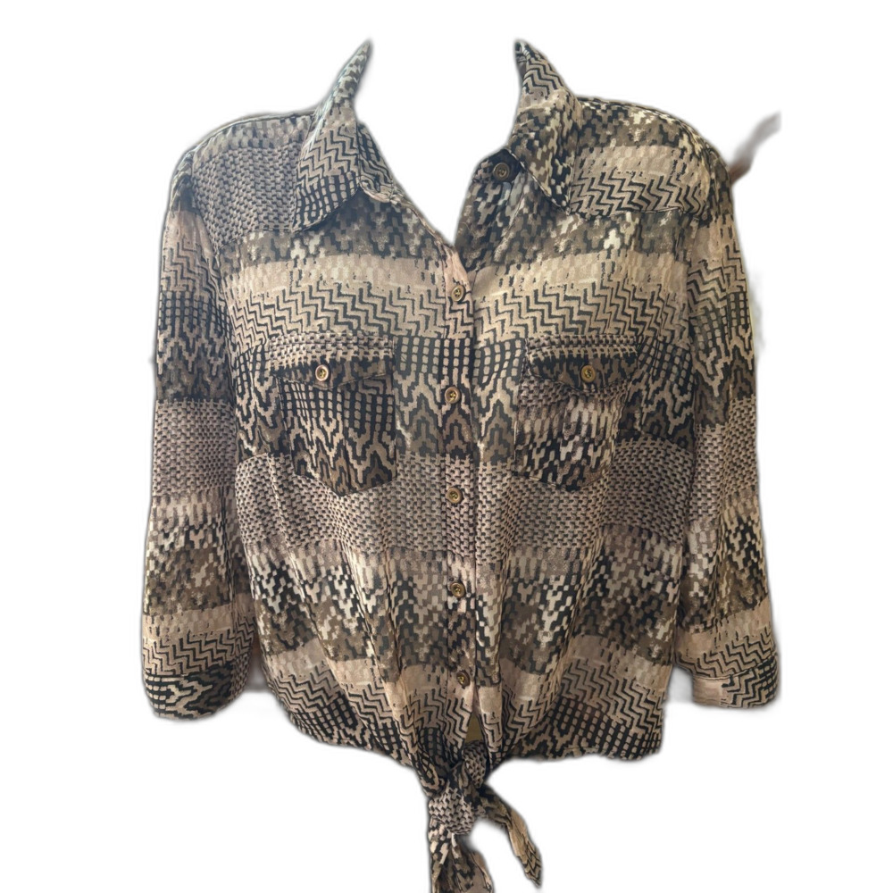 Millenium Size Large Women's Sheer Tie Waist Top Earth Tones 42" Bust 20" L